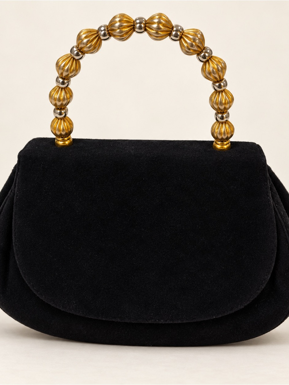 Vintage Crown Lewis Black Velveteen Evening Bag Melon Bead Handle 1950